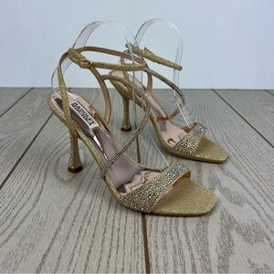 Badgley Mischka Women's Sally Strappy Crystal Heels 8 Platino Gold $235